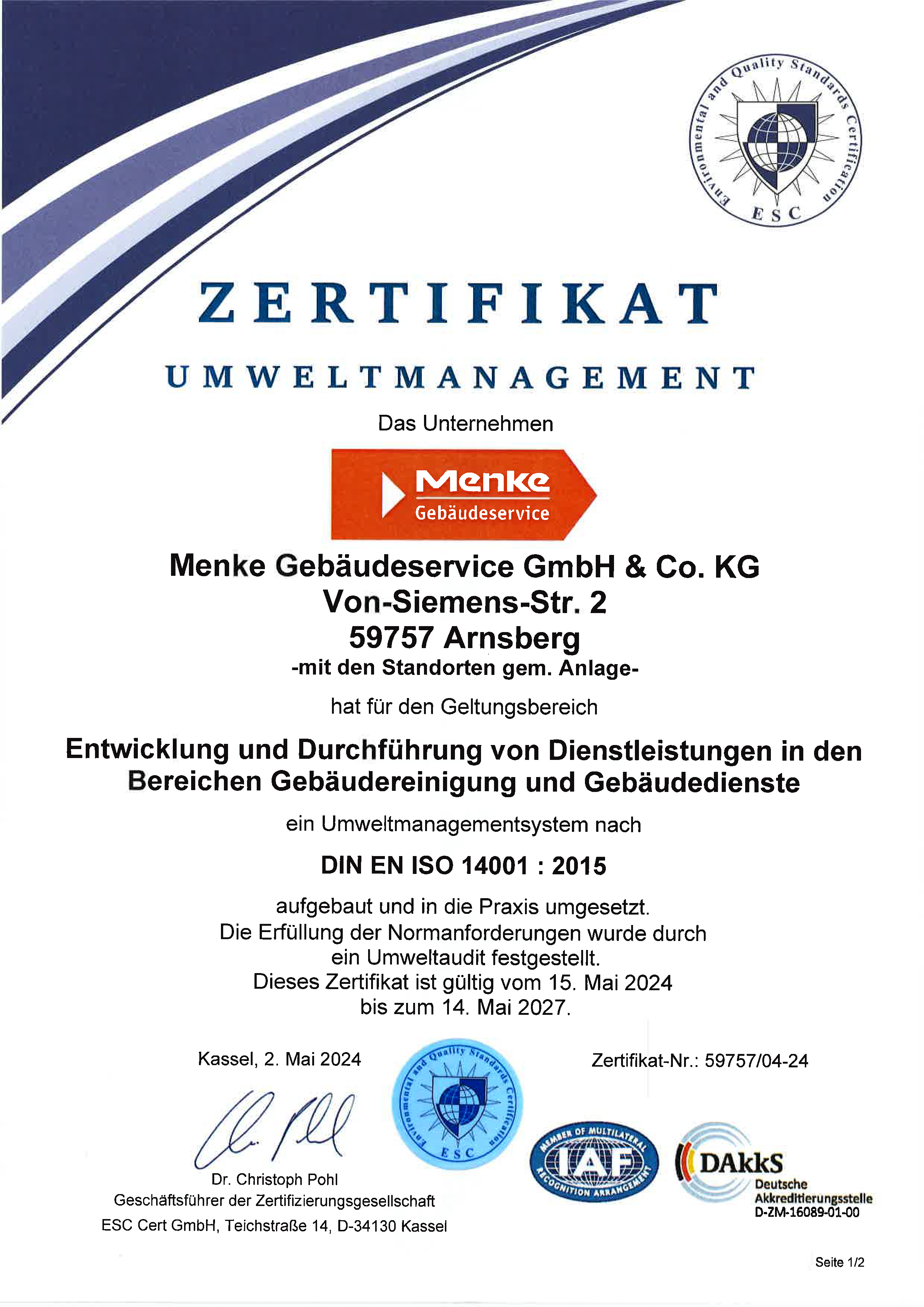 Zertifikat DIN EN ISO 14001_2015_bis 2027_Seite_1